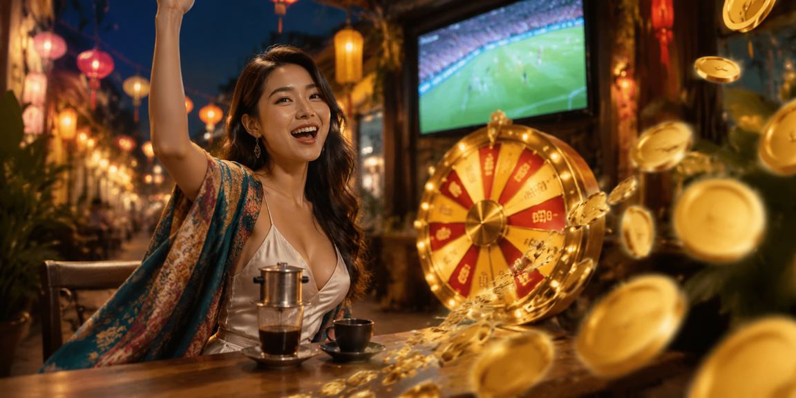 Người dùng tại Hội An thưởng thức cà phê và kiểm tra voucher roulette trên điện thoại